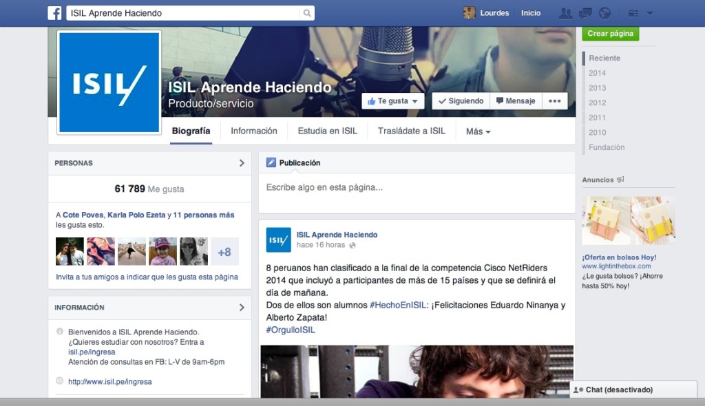 Facebook of ISIL Instituto San Ignacio de Loyola Peru